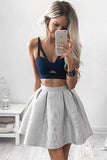 Two Piece V Neck Above Knee Sleeveless Blue Homecoming Dresses Short Prom Dress H1049