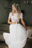 Two Pieces Short Sleeve Off the Shoulder Ivory Lace Beach Wedding Dresses with Chiffon W1023