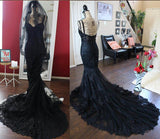 Charming Black Lace Spaghetti Strap Sweetheart Backless Mermaid Sweep Train Evening Dresses JS249