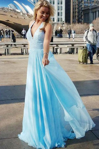 Elegant A-Line Deep V-Neck Blue Chiffon Sequins Sleeveless Prom Dresses UK JS521
