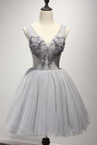 Grey V Neckline Short Party Prom Dresses Perfect Sweet 16 Dress H34