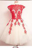 Vintage Scalloped-Edge Knee-Length White Homecoming Dress with Navy Blue Appliques JS487