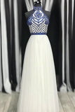 Unique A Line Halter White Tulle Prom Dresses Long Cheap Evening Dresses JS712