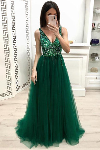 Unique A Line V Neck Beading Prom Dresses Long Tulle Green Evening Dresses JS893