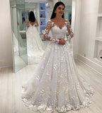 Unique Appliques V-Neck A-Line Long Sleeves Wedding Dress V Back Bridal Dresses JS474