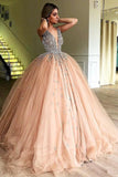 Unique Ball Gown V Neck Sleeveless Beading Tulle Prom Dresses, Quinceanera Dress PW989