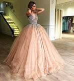 Unique Ball Gown V Neck Sleeveless Beading Tulle Prom Dresses Quinceanera Dress JS989
