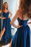 Unique Blue Spaghetti Straps Lace Prom Dresses Satin Sweetheart Side Slit Party Dress JS563