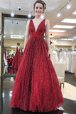 Unique Burgundy Sequins Tulle Prom Dress V Neck A Line Backless Prom Dresses JS596