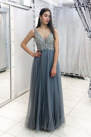 Unique Grey Beads Long Prom Dresses V Neck Tulle Cheap Evening Dresses JS637