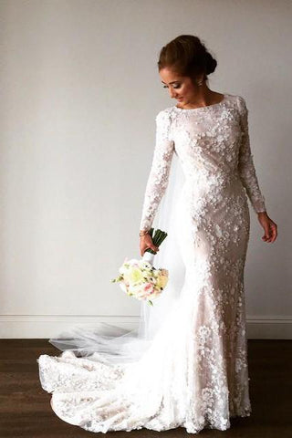 Unique Long Sleeve Mermaid Lace Wedding Dresses With Beads Wedding Gowns