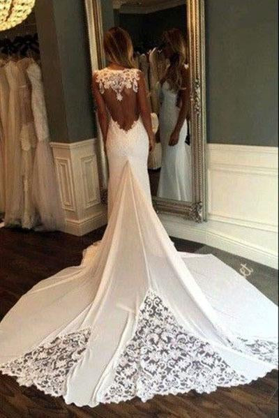 Unique Mermaid Sheer Neck Wedding Dresses with Lace Unique Ivory Bridal Dresses JS920