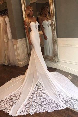 Unique Mermaid Sheer Neck Wedding Dresses with Lace Unique Ivory Bridal Dresses JS920