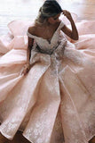 Unique Off the Shoulder V Neck Tulle Lace Long Prom Dresses Cheap Formal Dress JS743