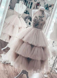Unique Short Layered Tulle High Neck Backless Short Prom Dress Homecoming Dresses JS938