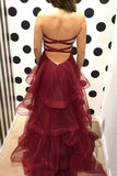 Unique Sweetheart Burgundy Ruffles Organza Layered Skirt Prom Dresses JS439