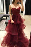Unique Sweetheart Burgundy Ruffles Organza Layered Skirt Prom Dresses uk PW439