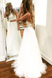Unique Two Pieces White Halter Tulle Prom Dresses Long Cheap Dance Dresses JS711