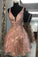 Unique V Neck Pink Beads Backless Homecoming Dresses Short Prom Dresses H1178