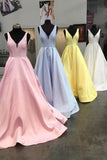 Unique Yellow Satin Prom Dresses with V Neck V Back Straps Long Formal Dresses JS486
