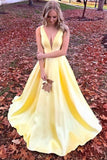 Unique Yellow Satin Prom Dresses with V Neck V Back Straps Long Formal Dresses JS486