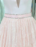 V-Neck Sleeveless Lace Long Pink Prom Dresses With Beading Tiered Evening Dress JS460