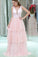 V-Neck Sleeveless Lace Long Pink Prom Dresses With Beading Tiered, Evening Dress PW460