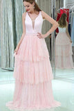 V-Neck Sleeveless Lace Long Pink Prom Dresses With Beading Tiered Evening Dress JS460