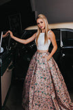 A Line Two Piece Floral Print Beautiful Prom Dresses with Pockets Evening Dresses JS322