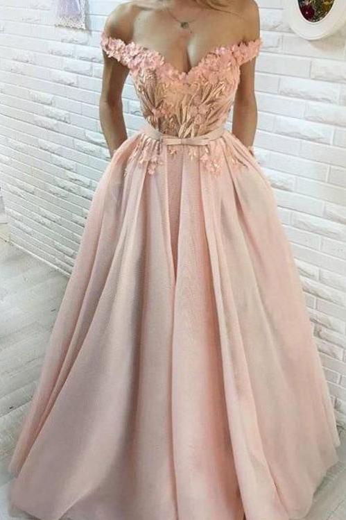 A Line Hand-Made Flower Long Off the Shoulder Sweetheart Prom Dresses with Pockets JS256