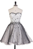 Romantic A Line Sweetheart Open Back Beaded Tulle Short Homecoming Dresses JS935
