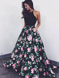 A Line Flowers Black with Flowers Sleeveless Pockets Beads Floor Length Prom Dresses JS47