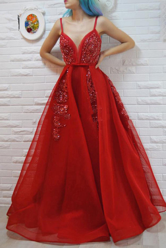Sparkly Red Spaghetti Straps V Neck Floor Length Prom Dresses with Beading