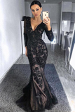 Mermaid Full Sleeve Sexy Black Lace Long Scoop Neck Floor Length Prom Dresses JS143