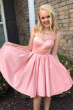 A-Line Round Neck Sleeveless Beading Pink Open Back Short Homecoming Dresses JS912