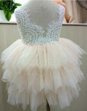 Princess Cute Pink Lace Tulle Flower Girl Dresses Layered Open Back Lovely Tutu Dresses JS776