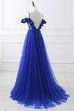 Unique Royal Blue Spaghetti Straps Off the Shoulder Ruffle Appliques Beaded Prom Dresses JS84