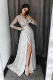 Stylish A-Line V-Neck Long Sleeves Split Front Gray Chiffon Long Prom Dresses JS327