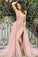 Pink V Neck Lace Appliques Long Formal Evening Dresses Prom Dresses with Slit