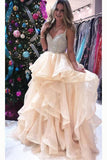 Princess Luxurious Spaghetti Straps V-Neck Beading Bodice Tulle Long Prom Dress with Layers JS122