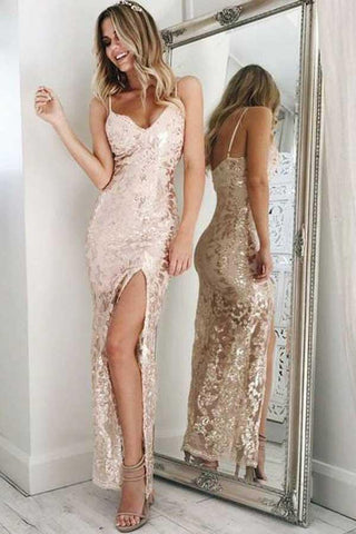 Mermaid Ankle Length Pearl Pink Spaghetti Straps V Neck Sequins Split Prom Dresses JS09