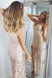 Mermaid Ankle Length Pearl Pink Spaghetti Straps V Neck Sequins Split Prom Dresses JS09