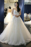 Elegant White A-Line Scoop Neck Tulle Backless Sleeveless Appliques Wedding Dress JS403