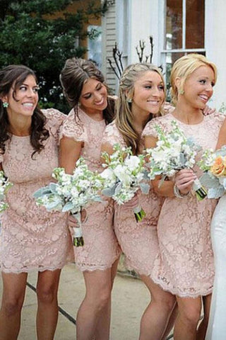 Fashion Cap Sleeves Round Neck Pink Lace Short Bridesmaid Dresses