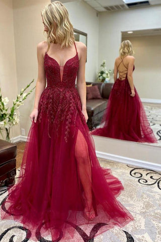 A Line Lace Sleeveless Spaghetti Straps Red Prom Dresses