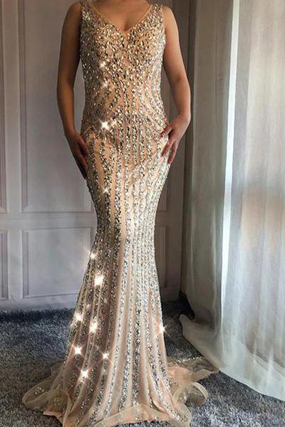 V Neck Long Mermaid Rhinestone Beaded Luxury Prom Dresses Backless Party Dresses JS453