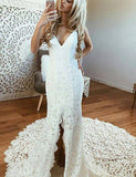 V Neck Spaghetti Straps Backless Lace Boho Wedding Dress With Split Mermaid Bridal Dress JS999