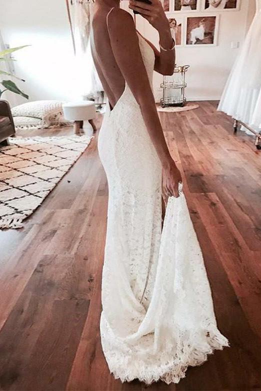 V Neck Spaghetti Straps Backless Lace Boho Wedding Dress With Split Mermaid Bridal Dress JS999