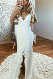 V Neck Spaghetti Straps Backless Lace Boho Wedding Dress With Split Mermaid Bridal Dress PW999