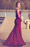 A-Line Sweetheart Long Sleeve Burgundy Prom Dress With Lace Appliques JS98